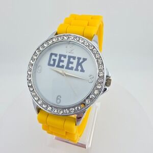 Modern GEEK Watch Crystal Bezel Yellow Silicone Band Unisex Stainless Steel 8"